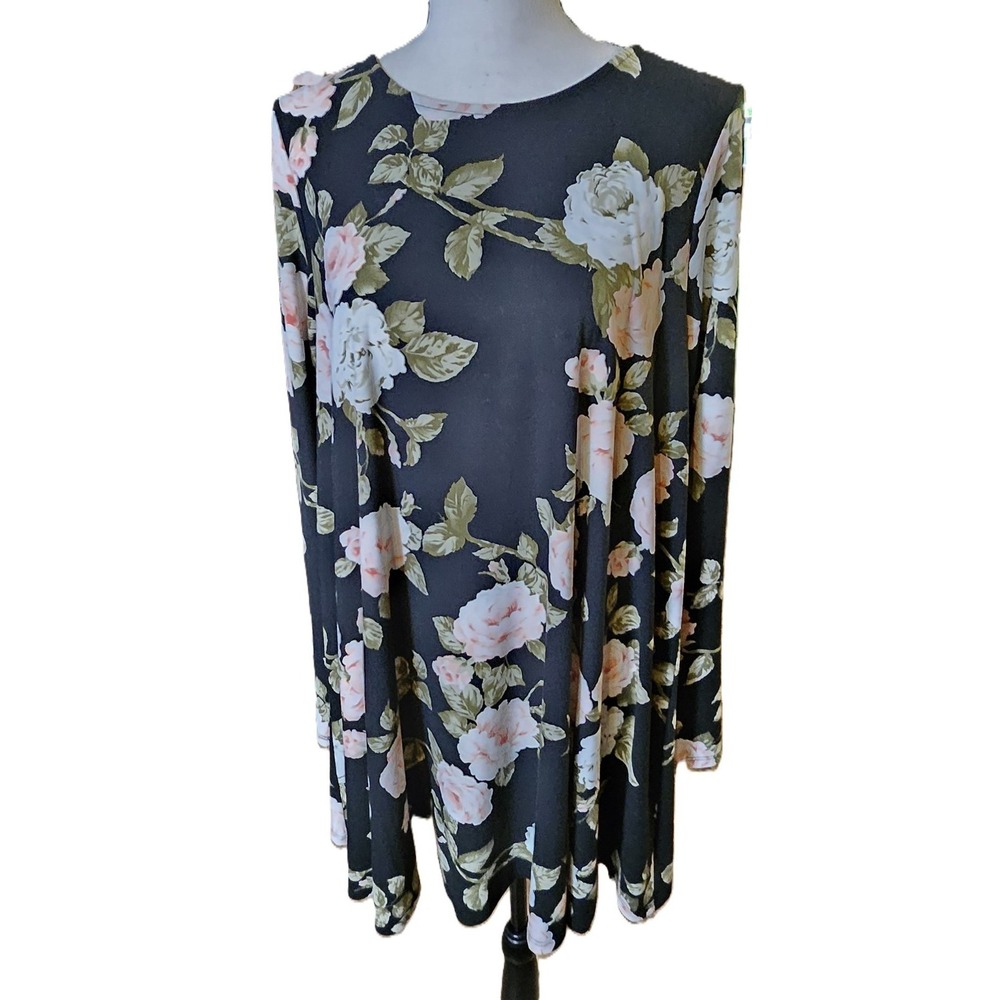 Show Me Your Mumu Tyler Tunic Women L Black Floral Long Sleeve Boho Top